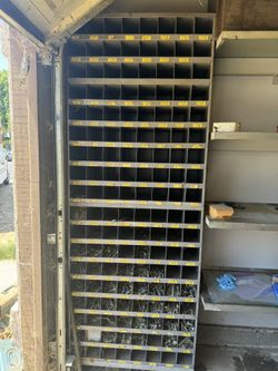 Metal 144 Hole Storage Bin With Various Bolts, Screws,Nuts Washers Fasteners
