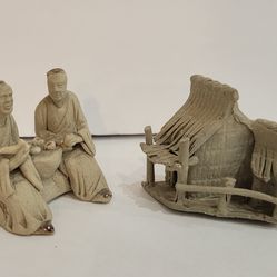 Vintage Chinese Mudmen Miniature Pair Two Scholars and Rustic Hut Figurines