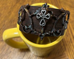 Brown Leather & Metal Cross Cuff Bracelet w/ Snap Closure