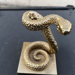 Rattle Snake In Striking Pose Statuette Metal Shiny Gold Tone Finish