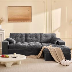 102'' L-Shaped Corduroy Cloud Couch, Modular Sectional Sofa with Ottoman, Soft Upholstery,Gray