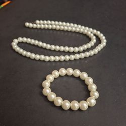 Set Of 2 Faux Pearl 24"  Necklace W/Lobster Clasp And Stretch Bracelet