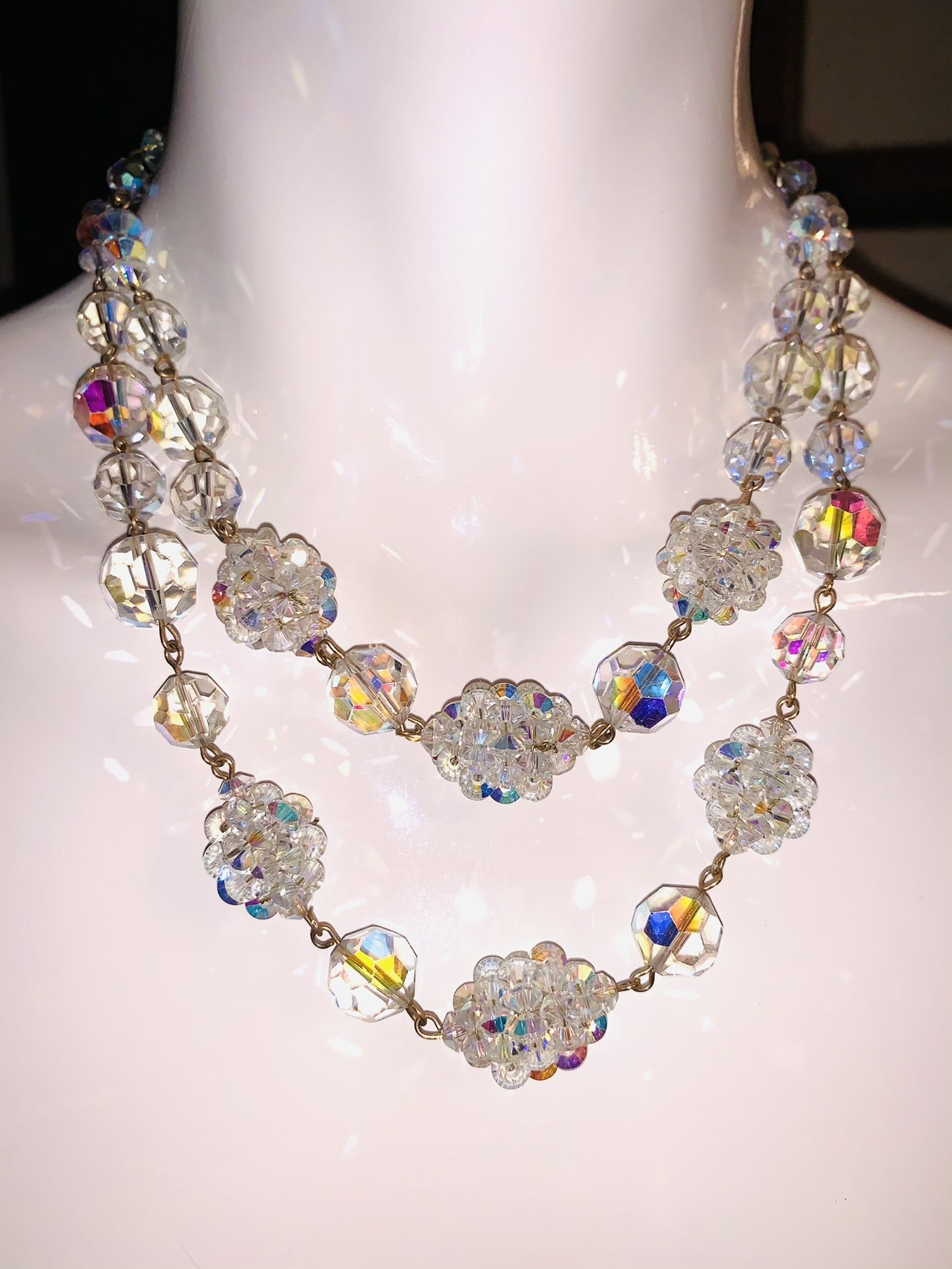 RHINESTONE IRIDESCENT MULTIFACETED TWO STRAND CRYSTAL 15”-16” CHOKER w/ Matching Spring loaded Clip On Earrings Vintage