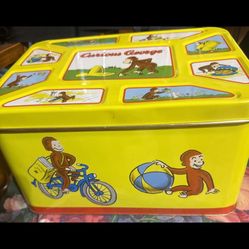 Vintage Curious George Metal Tin Toy Storage Box Chest