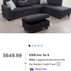 Brand New Living Room Black L-shape Sofa set 