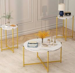 AWQM Faux Marble Coffee Table Set of 3, 1 Coffee Table & 2 Sofa Table, Round Tabletop and Metal Cross Base Frame,Perfect for Living Room Apartment, Wh
