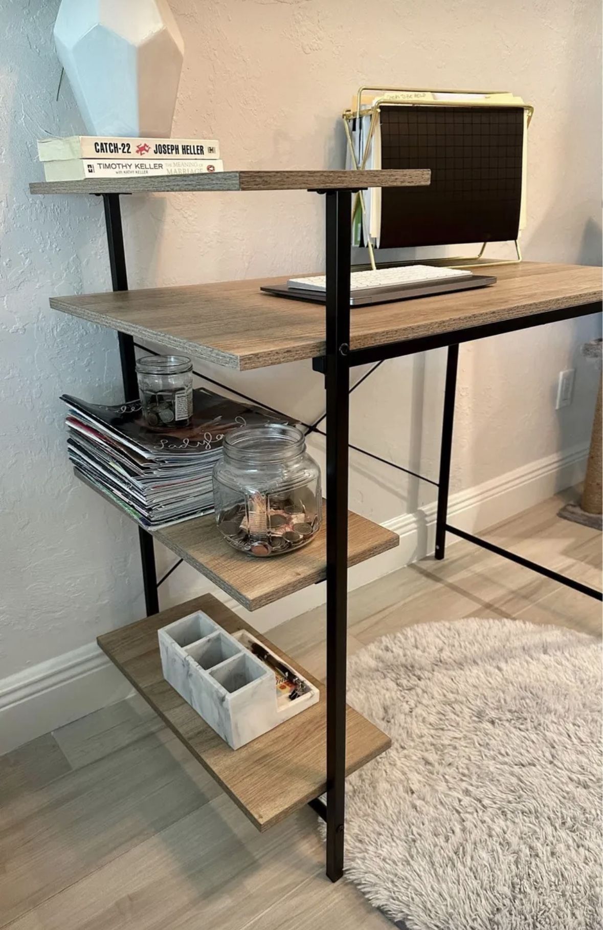 Wood & Metal Desk - Modern Open Shelf Desk