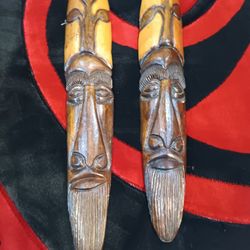 Pair of Large 1977 Hand Carved Wooden Tribal Masks Wall Art – Signed Folk Decor, 29” Tall