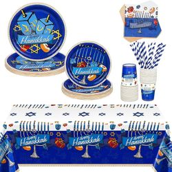 durony 121 Pieces Hanukkah Tableware Set Including Disposable Tablecloth 7 Inch and 9 Inch