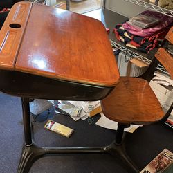 Vintage Oak and Cast Iron Child’s School Desk and Chair with Flip Top Desk
