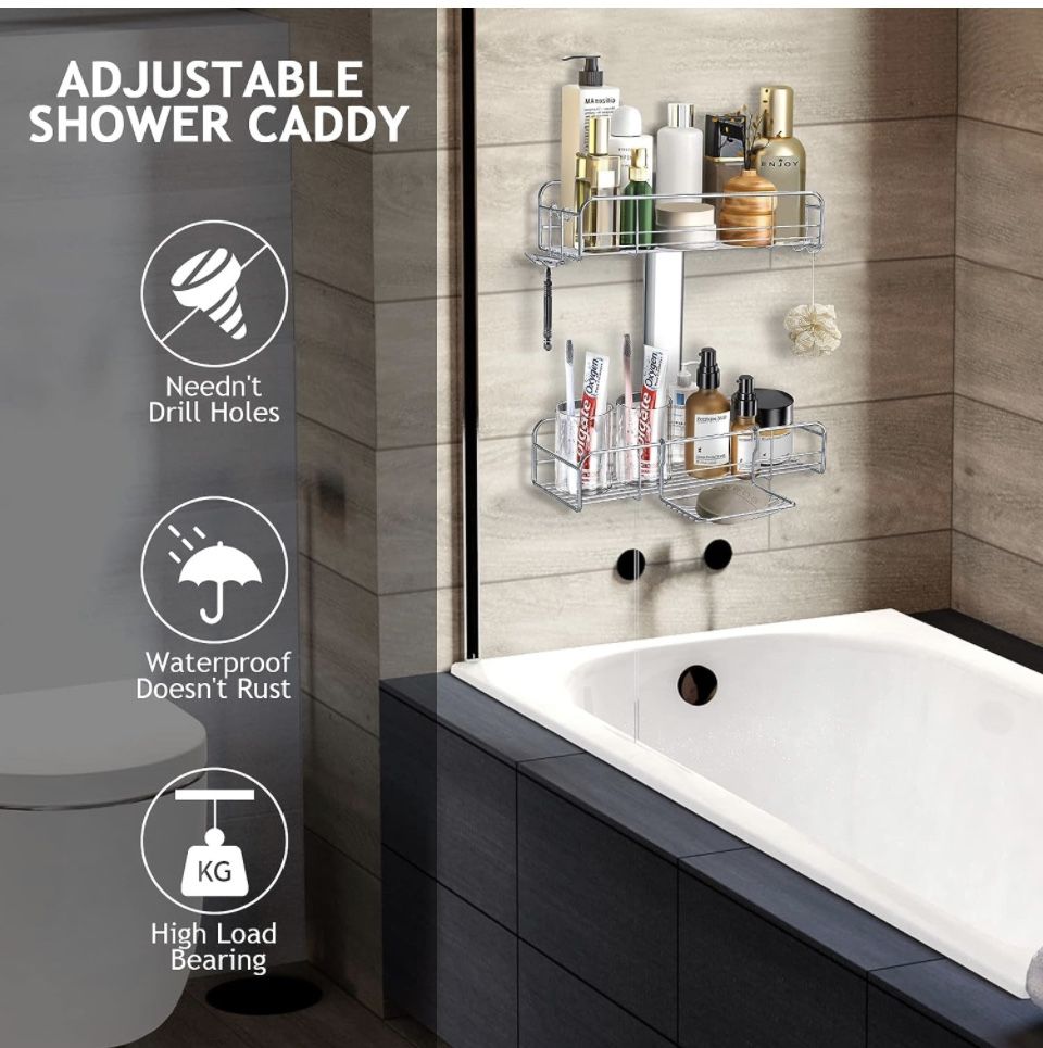 2-Pack Shower Caddy, Adhesive Shower Shelf, No Drilling Shower Organizer Movable, Rustproof Stainless Steel Shower Shelves Bathroom Kitchen