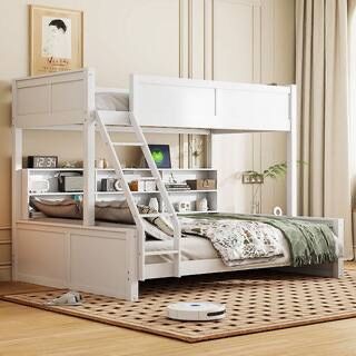 NEW Antique White Twin XL Over Queen Bunk Bed with Storage Cabinets and USB Ports