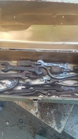 Old tool box with old tools in it tools pretty good shape
