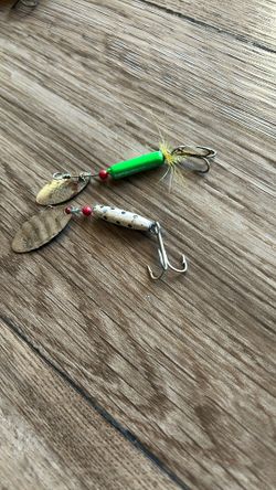 Vintage Fishing Spinners Lot Of 2 White & Green Brass