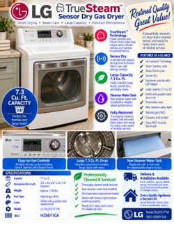 LG TrueSteam 7.3 cu ft Gas Dryer – White, Restored, Delivery