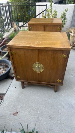 Pair of Asian-Style Wood Cabinet Nightstands
