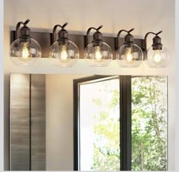 5-Light Bathroom Vanity Light,Clear Globe Glass,Oil Rubbed Bronze 34.2 Inch Over Mirror Wall Light,E26 sockets,for 40–48 inch bathroom mirror,powder r