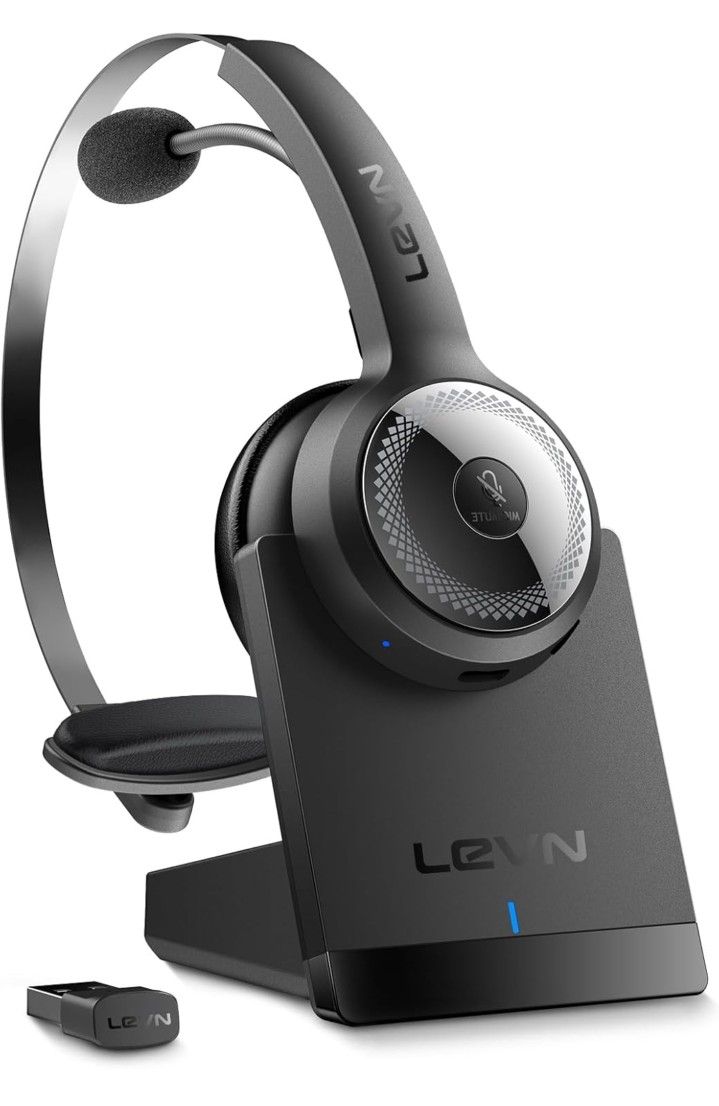 LEVN Wireless Headset with Mic for Work, Wireless Headset (Charging Base, Noise Cancelling & Mute Button