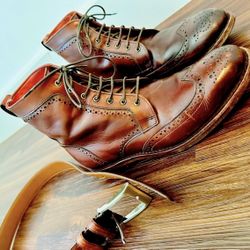 Allen Edmonds Dalton Wingtip Boot in Dark Chili Size 8.5E. With matching Belt. for Sale in Carrollton TX OfferUp
