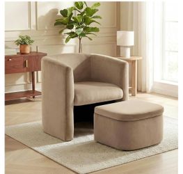 Upholstered Accent Chair with Storage Ottoman Barrel Chair Set. Neutral Beige