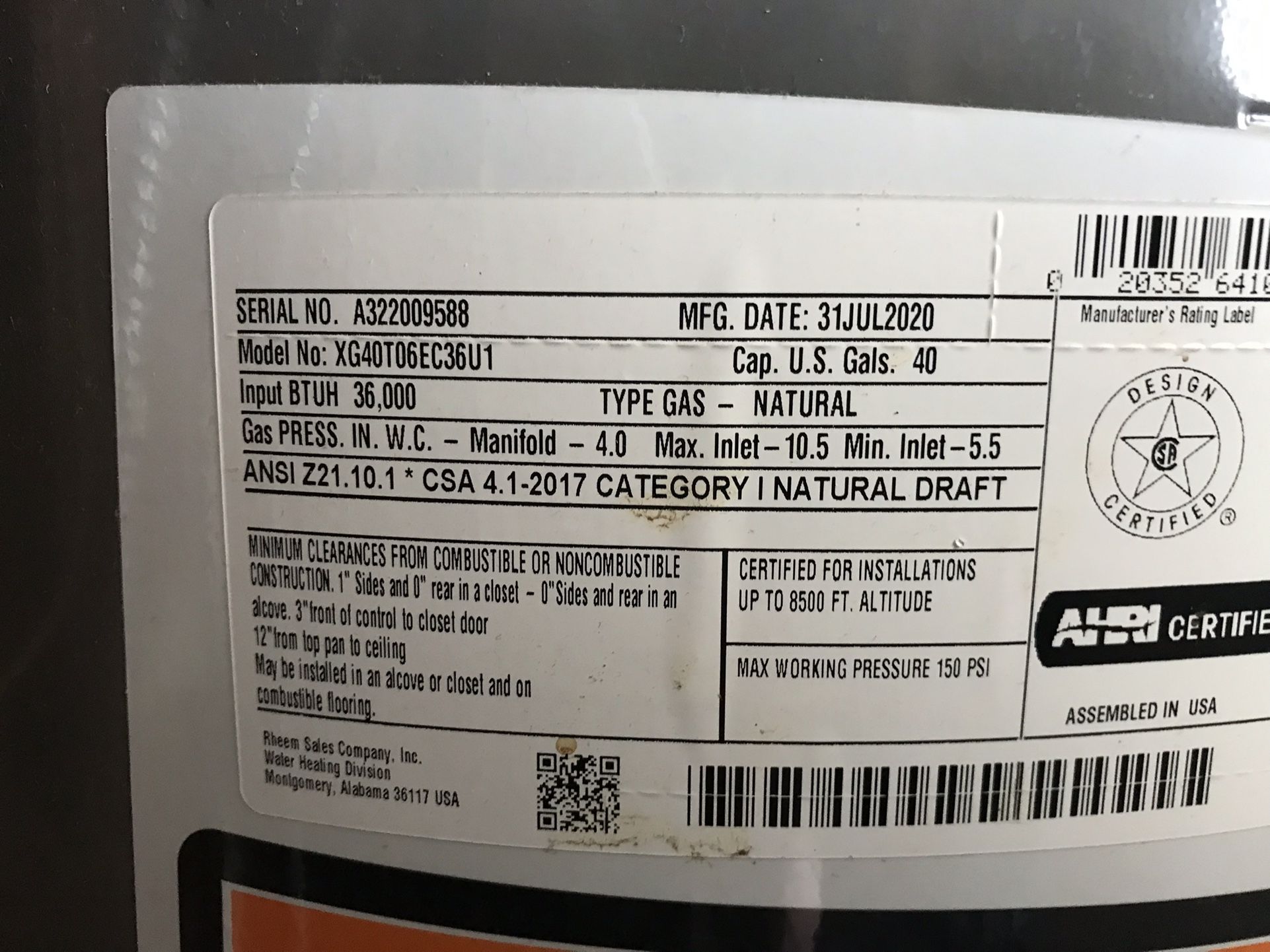 Rheem 40 Gallon Gas Water Heater 