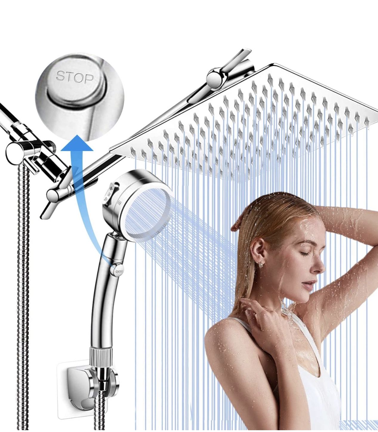 12 Inch Shower Head with Extension Arm 9 Setting Handheld Shower Heads Rain Shower Head with Handheld Spray