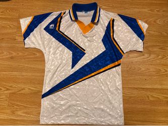 Early 1990’s single Stitch Geometric shiny Soccer Jersey MBF Sz L Made in USA .