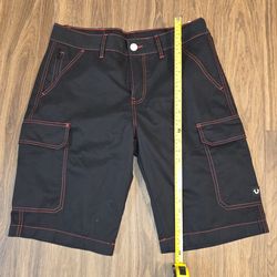 True Religion Men's Black Board Shorts Size 32 Red Stitching Drawstring Pockets