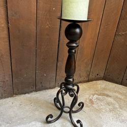 Beautiful Tabletop Or Floor Candleholder.  Made of wrought iron & wood. 20-inch tall.