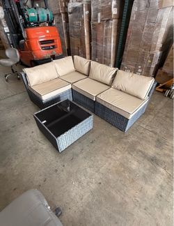 Outdoor Patio Sectional Sofa & Coffee Table Set - All-Weather Wicker (Beige/Grey)