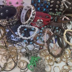 100 Pcs Of Random Gothic Jewelry Box Lot - BRAND NEW-  Faux Leather Bracelets , Necklaces , Rings, Keychains , Earrings , Punk Grunge Emo Boho Tribal 
