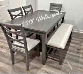 ✅️✅️6  pc grey finish wood dining table set padded seat  chairs and bench ✅️✅️