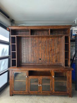 Large Rustic Wood Entertainment Center, Coffee Table, Side Table, Lamps and Decor Included