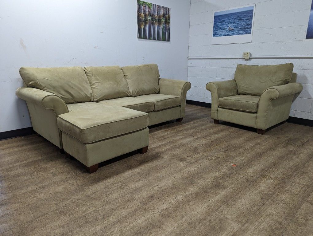 Contemporary Light Green Couch with Chaise and Matching Chair