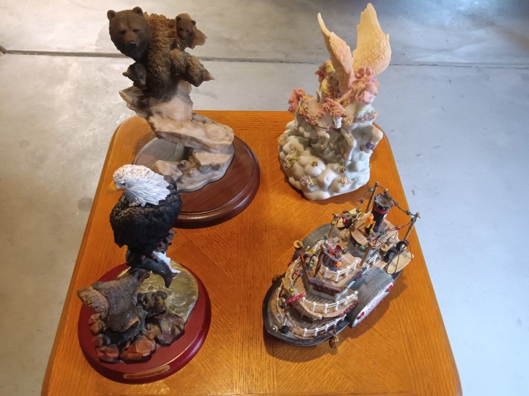 Various Figurines American Eagle Bears Music Box and River Princess