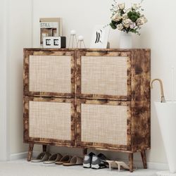 Shoe Cabinet with Flip Drawers - Rattan Shoe Cabinet Storage for Entryway, Rustic Narrow Hidden Shoe Rack with 4 Drawer, Boho Shoe Organizer Cabinet f