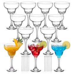 12 12oz Margarita Glasses with Stainless Steel Cocktail Picks, Large Crystal Stemmed Cocktail Glasses