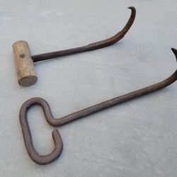 2 Antique Hay Hooks Wooden & Metal Handle Primative Farming for