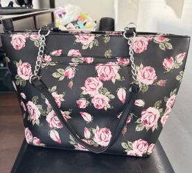 Black Floral Rose Tote Bag with Chain Straps