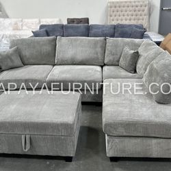 New! Plush Gray Sectional, Sectional And Storage Ottoman, Sectionals, Sofa, Couch, Gray Couch, green Couch, Corduroy Sectional, USB Charger Sofa