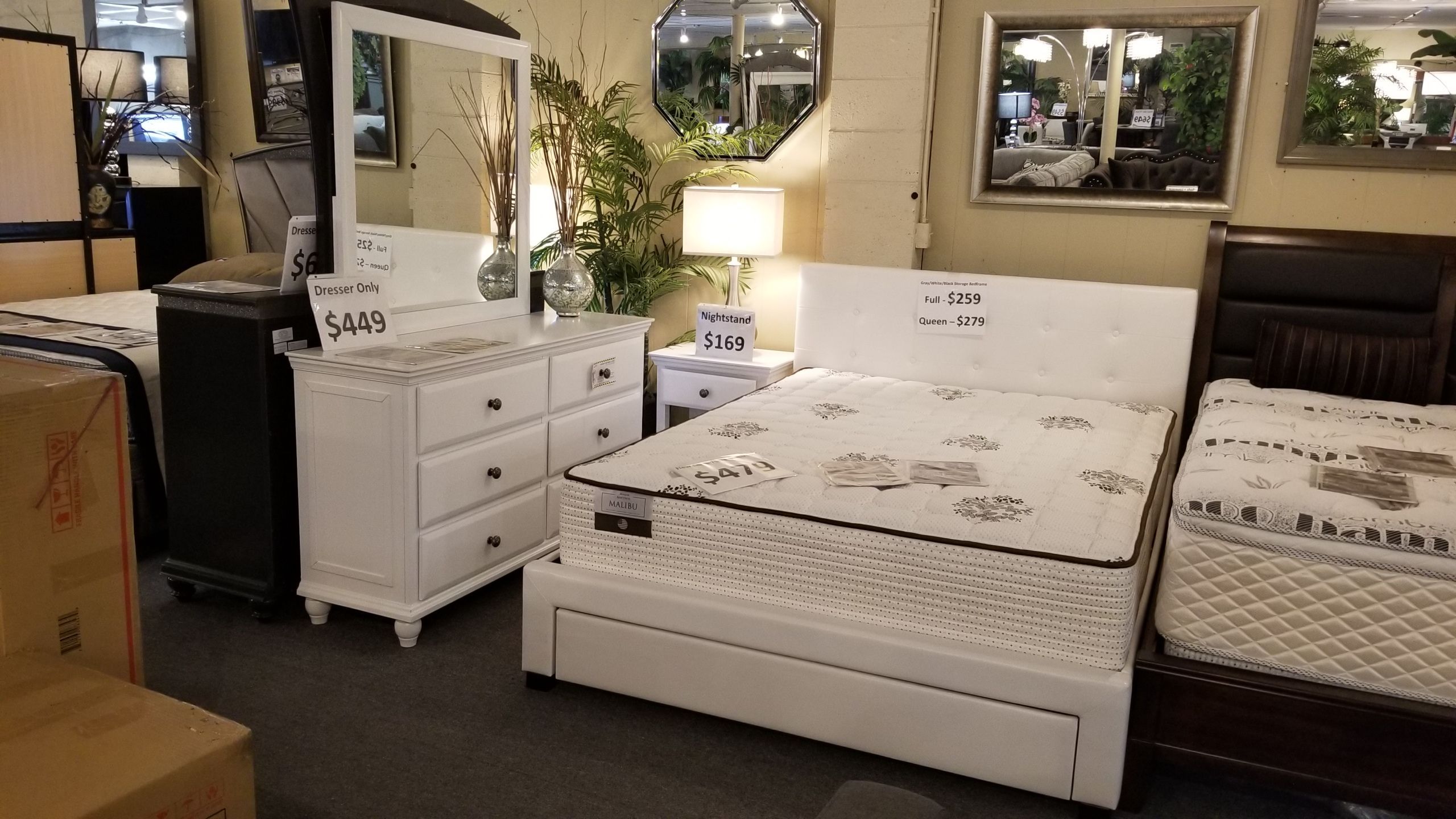 Brand new white faux leather queen storage bedframe + dresser +mirror + nighstand 4PCs bedroom set