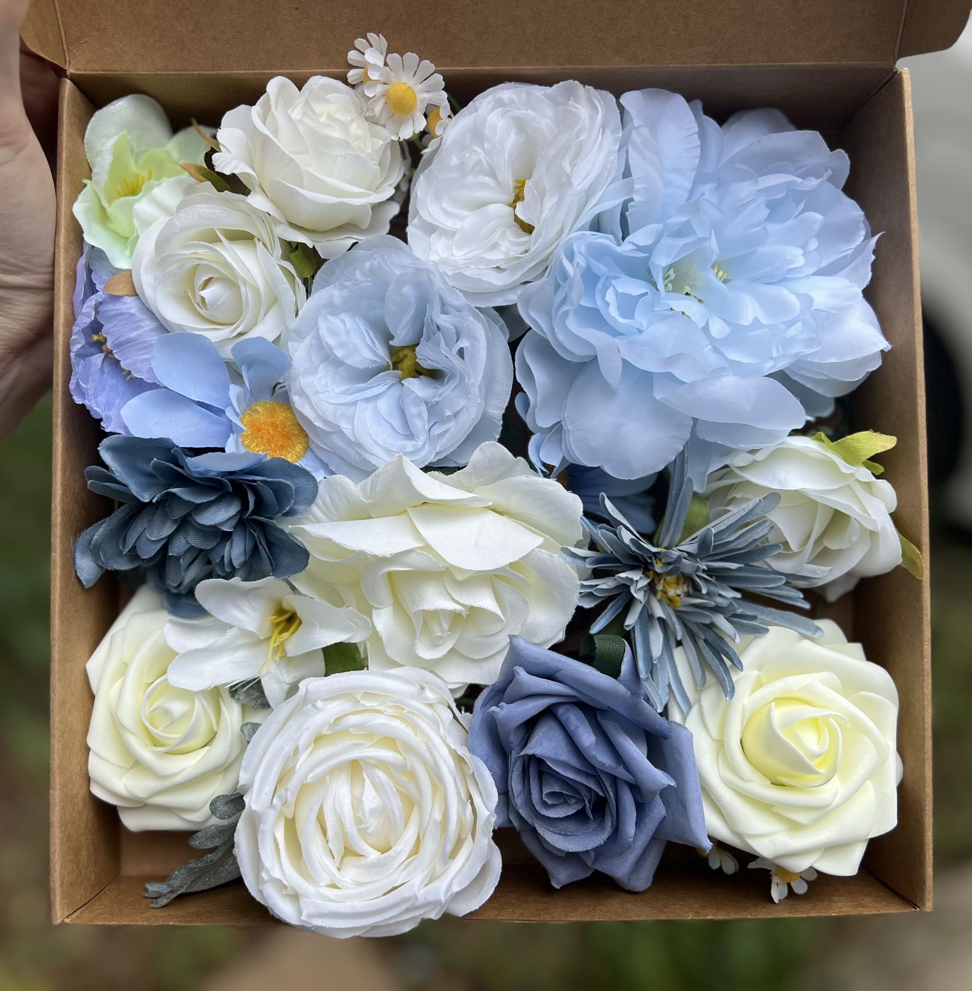Box of Artificial Flowers White and Blue Roses & Peonies