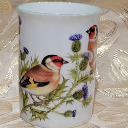 Rose of England fine bone china mug featuring goldfinches and thistles