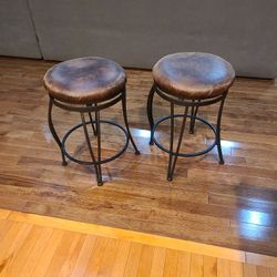 Two Stools, Metal Base, Leather Seat