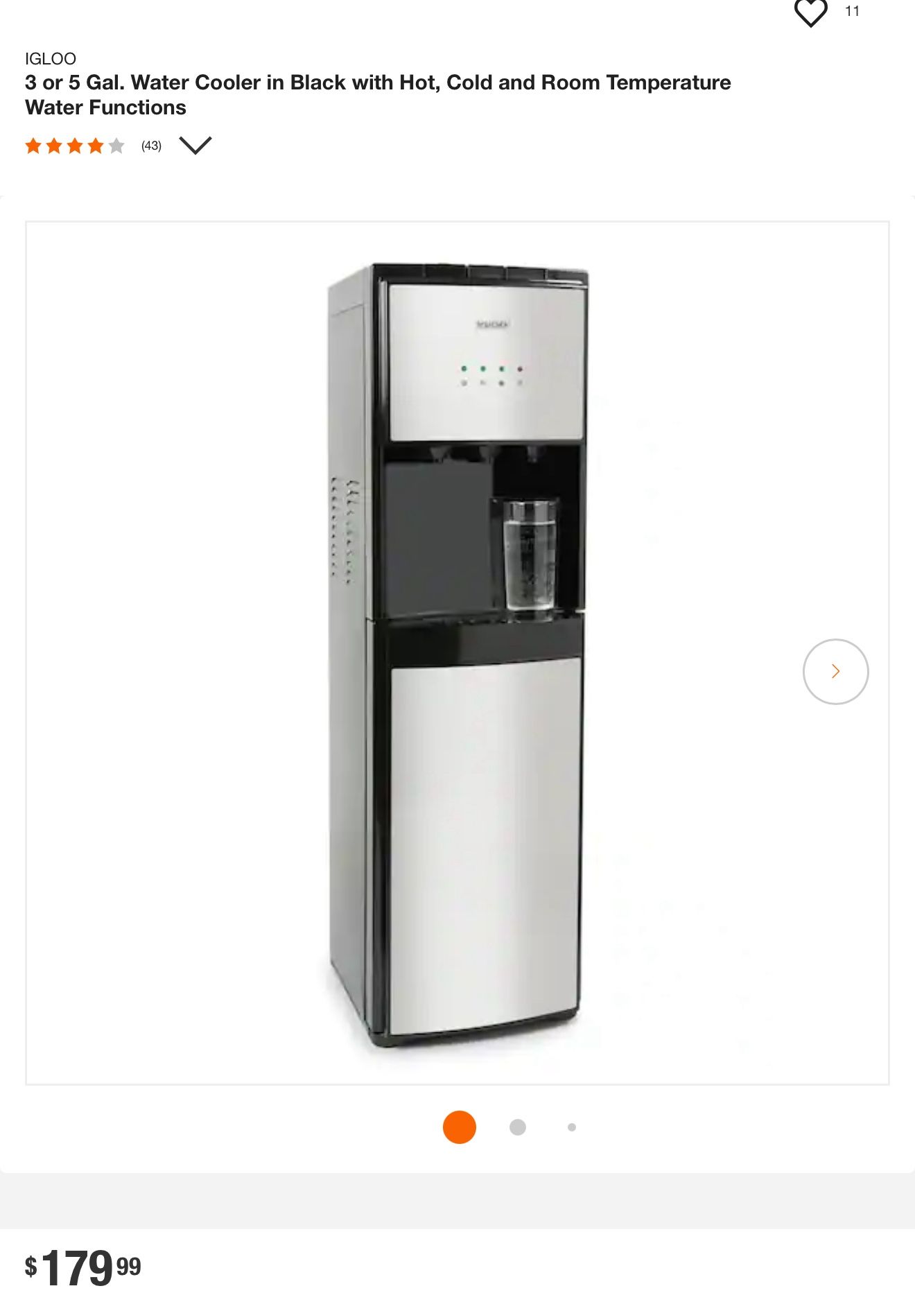 Igloo 3 or 5 Gallon Water Cooler – Black with Hot, Cold & Room Temp Water Functions