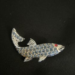 Vintage, Brooch Fish, Blue Rhinestones