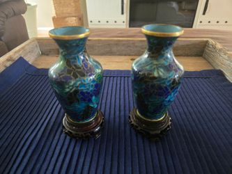 Pair of Cloisonné Vases with Wooden Stands