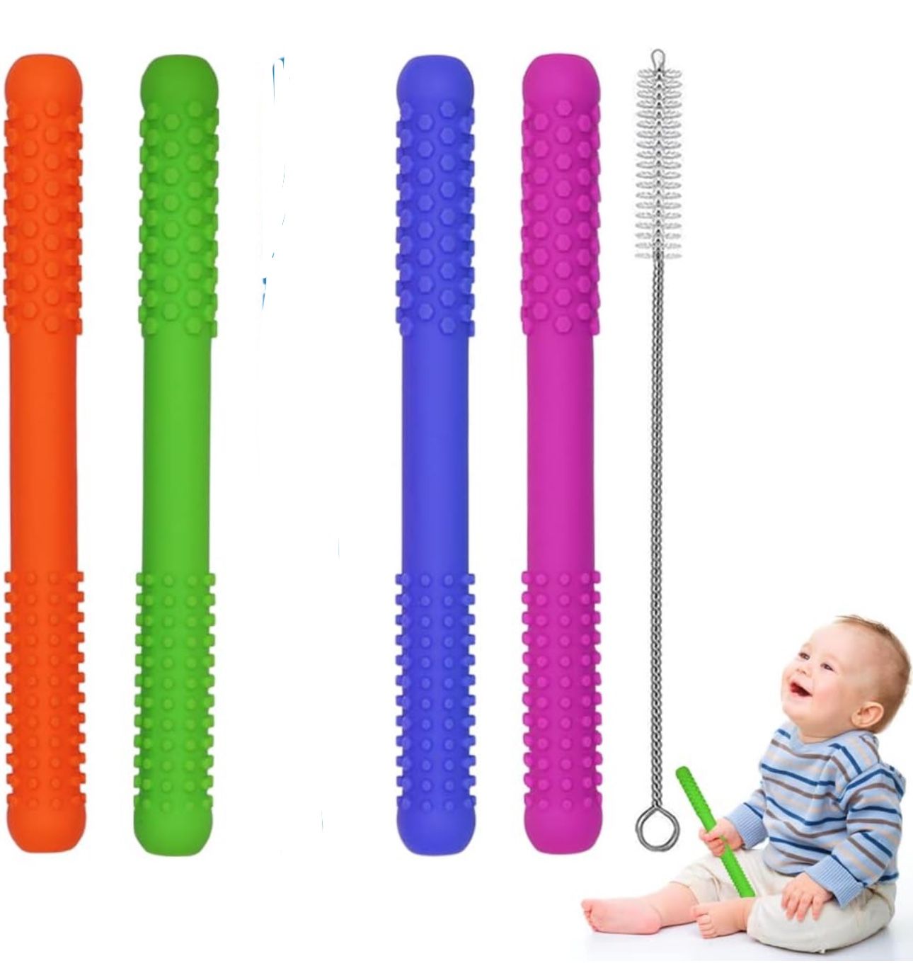 B2 Hollow Teething Tubes Toys for Babies Girls Boys, 4 Pack Silicone Baby Teether Toy Tube for Infants with Nursing Biting Chewing, Chew Straws 