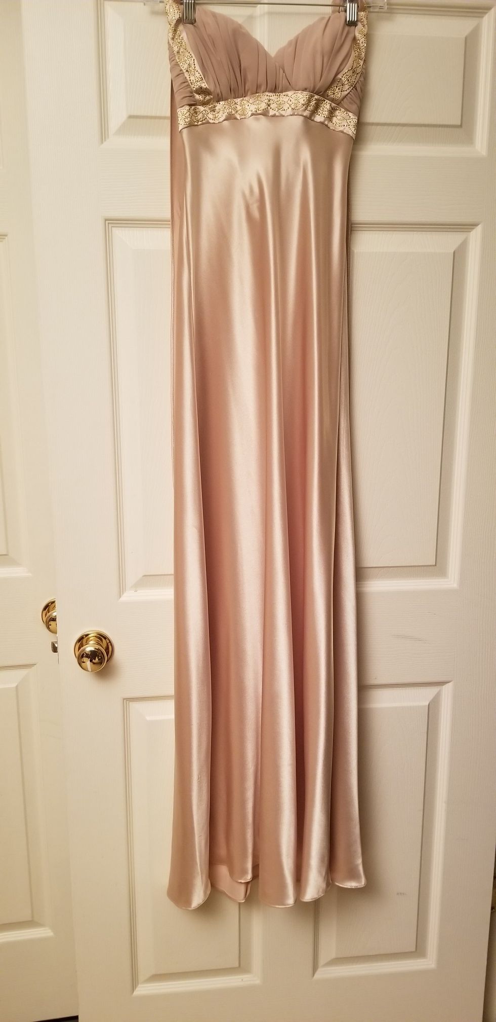 Beige/Tan Long Bora USA Gold Beading Dress size Small 100% Polyester  Needs to be cleaned  Beautiful dress