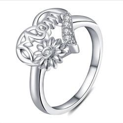 Silver Daisy Flower Floral MOM Mothers Day Heart Ring